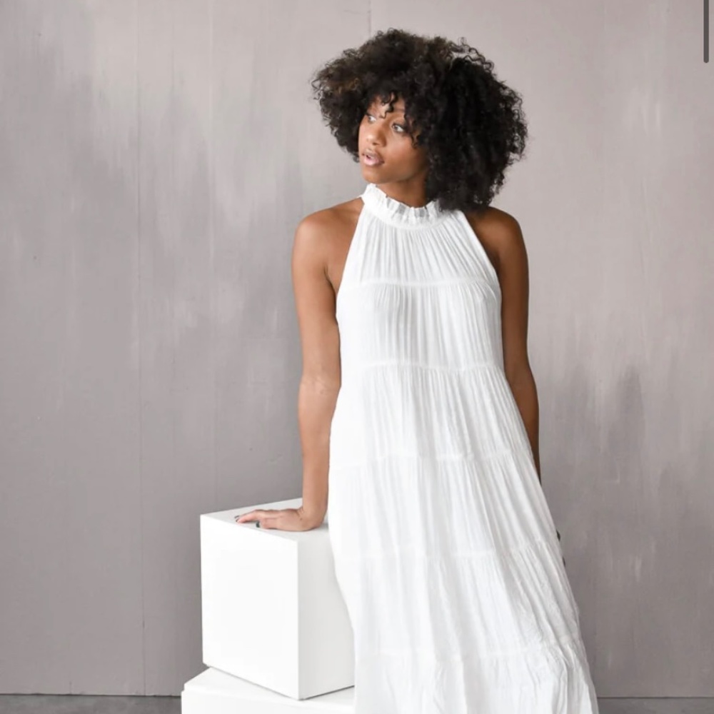 Confete White Ruffle Neck Tiered Maxi Dress